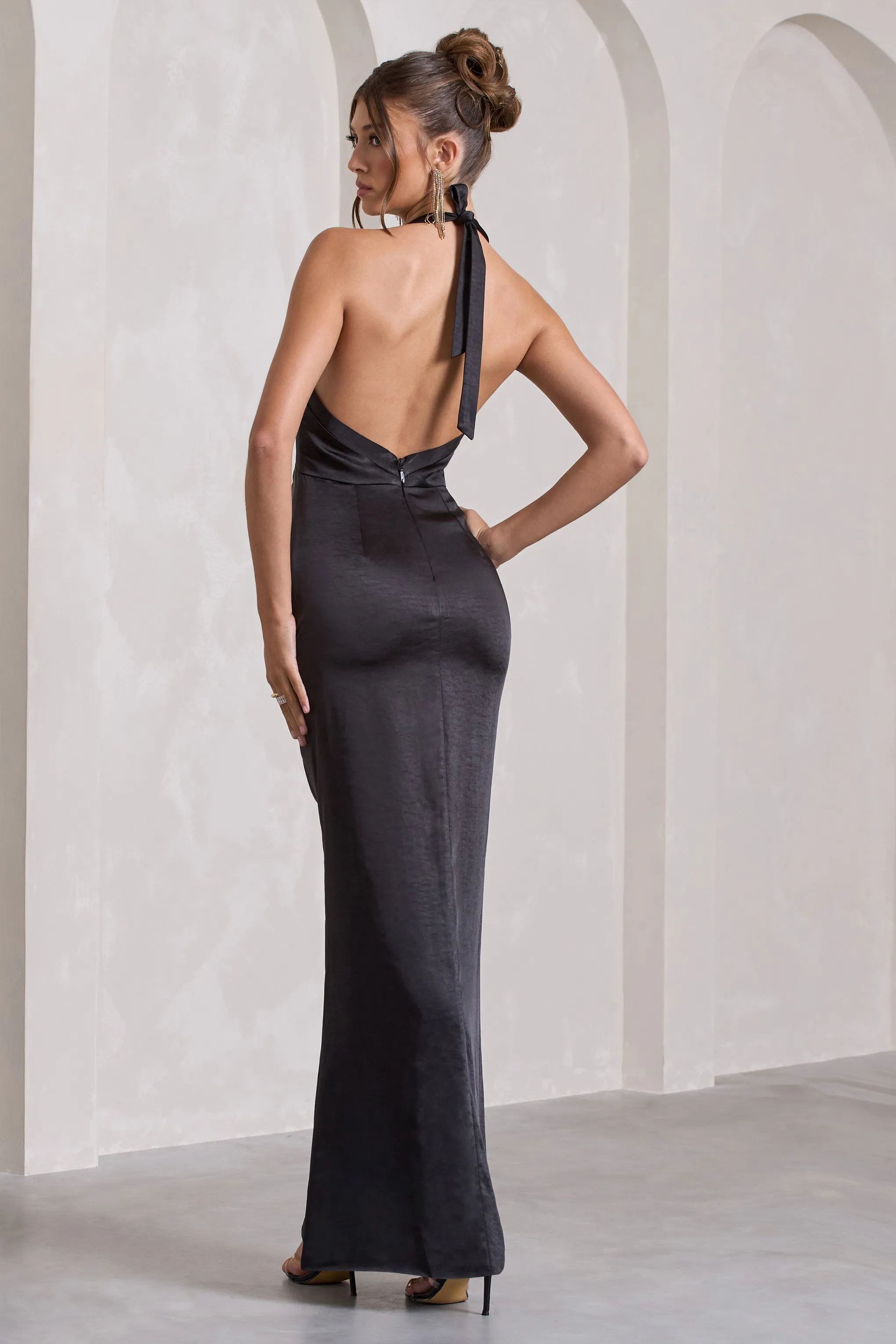 Rebecca | Black Satin Plunge Halter-Neck Open-Back Split Maxi Dress sold by Club L London product image thumbnail 2