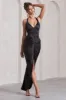 Rebecca | Black Satin Plunge Halter-Neck Open-Back Split Maxi Dress sold by Club L London