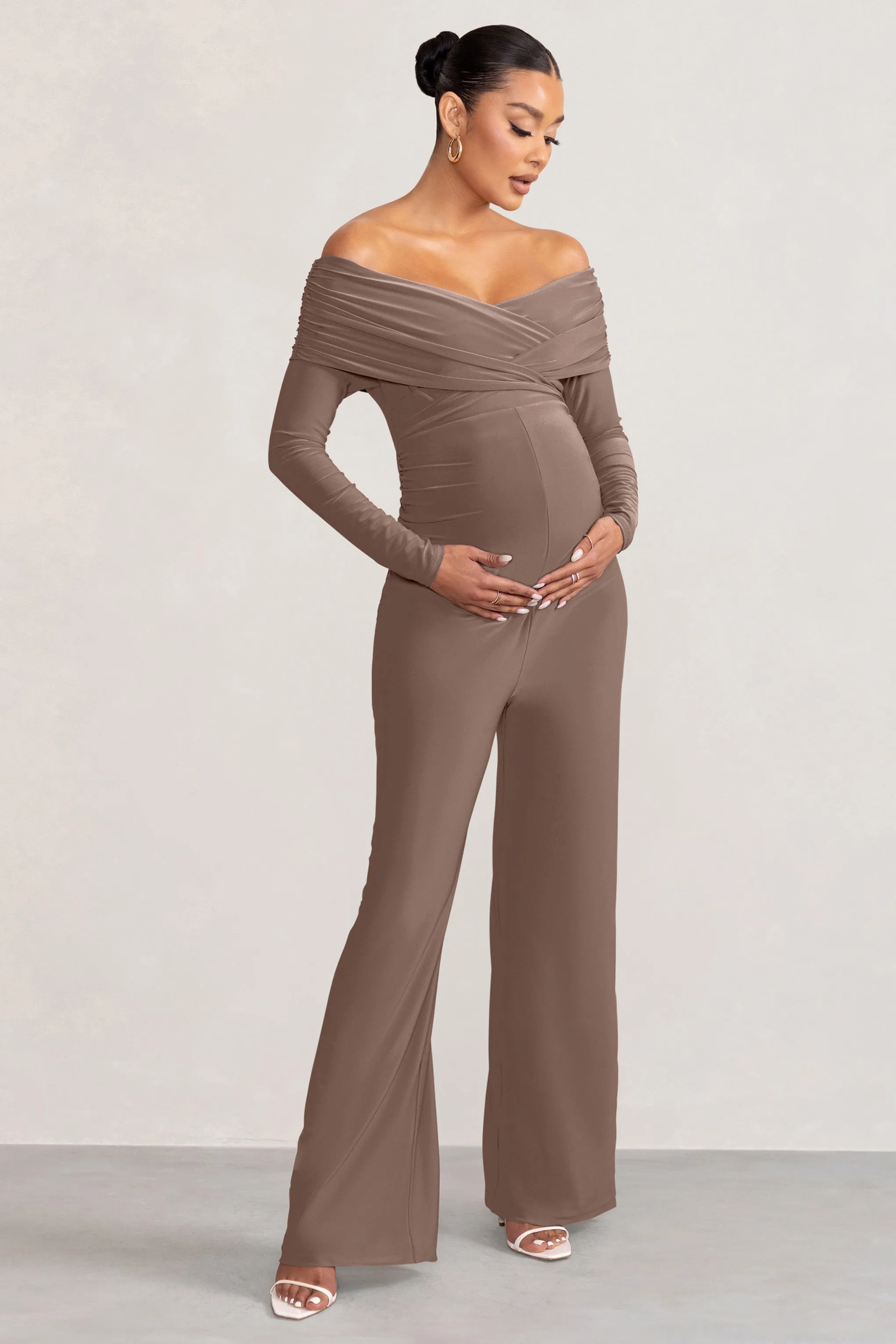 Nuala | Mocha Bardot Maternity Jumpsuit with Long Sleeves sold by Club L London product image thumbnail 4
