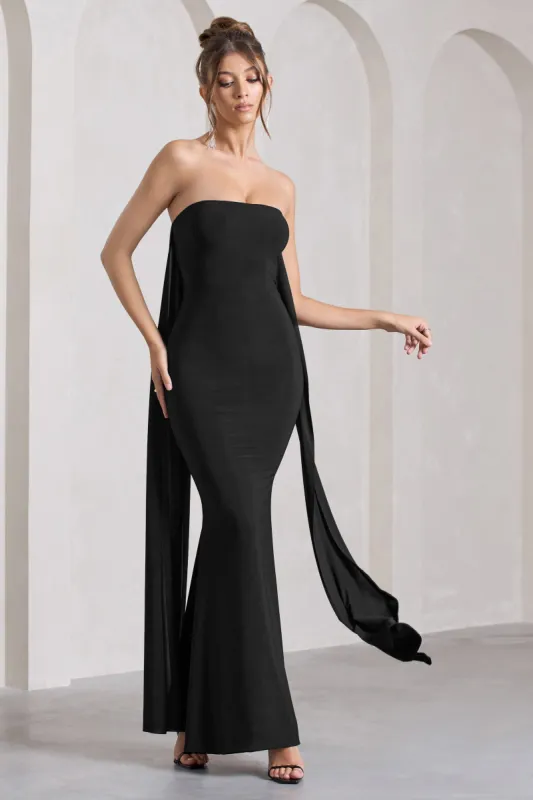 Christina | Black Bandeau Sleeveless Maxi Dress With Cape sold by Club L London
