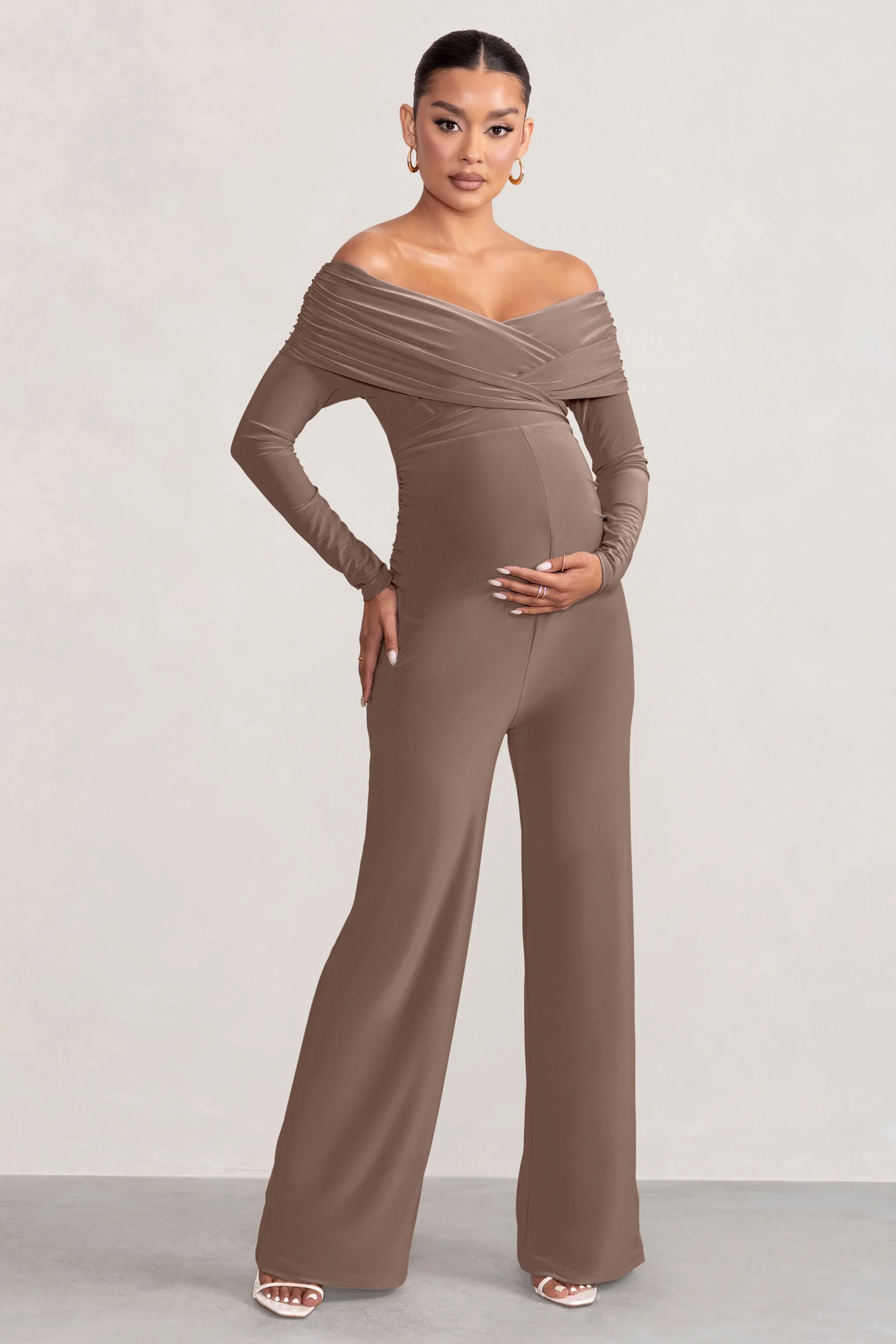 Nuala | Mocha Bardot Maternity Jumpsuit with Long Sleeves sold by Club L London product image thumbnail 3