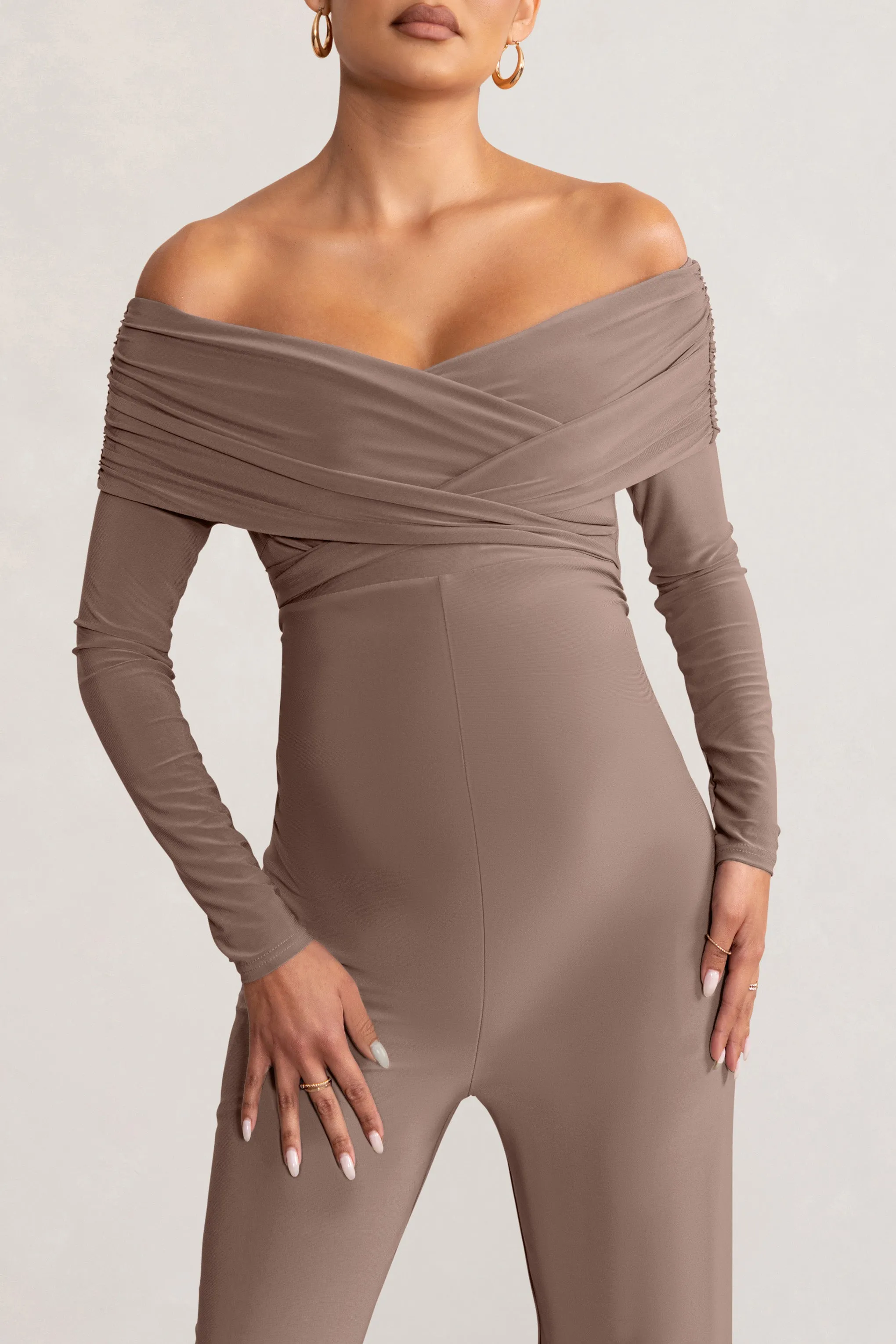 Nuala | Mocha Bardot Maternity Jumpsuit with Long Sleeves sold by Club L London product image thumbnail 5