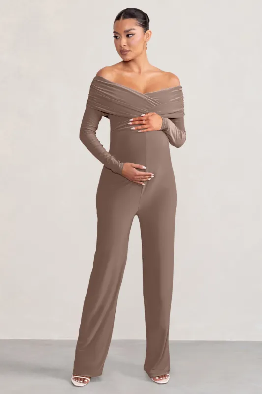 Nuala | Mocha Bardot Maternity Jumpsuit with Long Sleeves sold by Club L London
