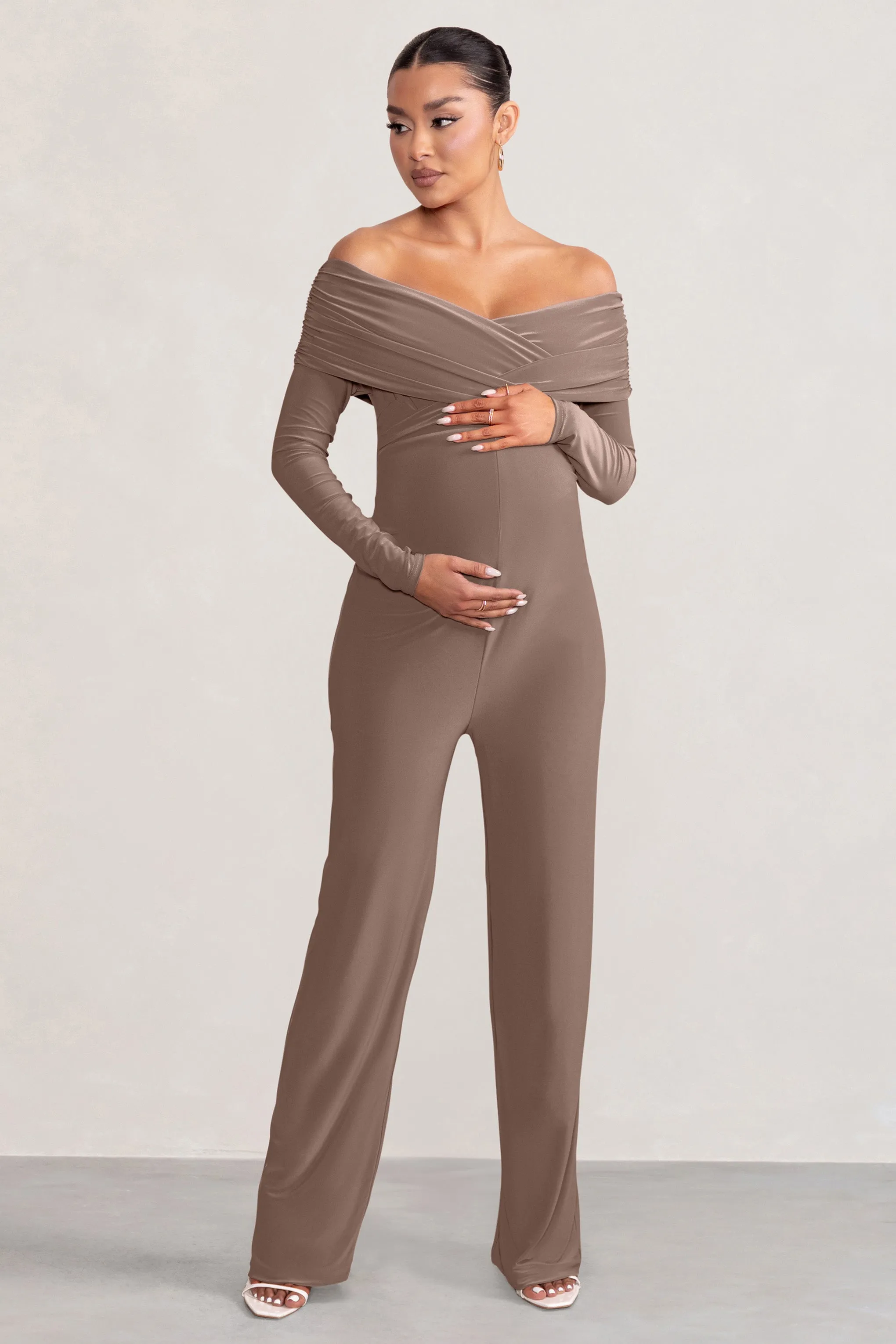 Nuala | Mocha Bardot Maternity Jumpsuit with Long Sleeves sold by Club L London