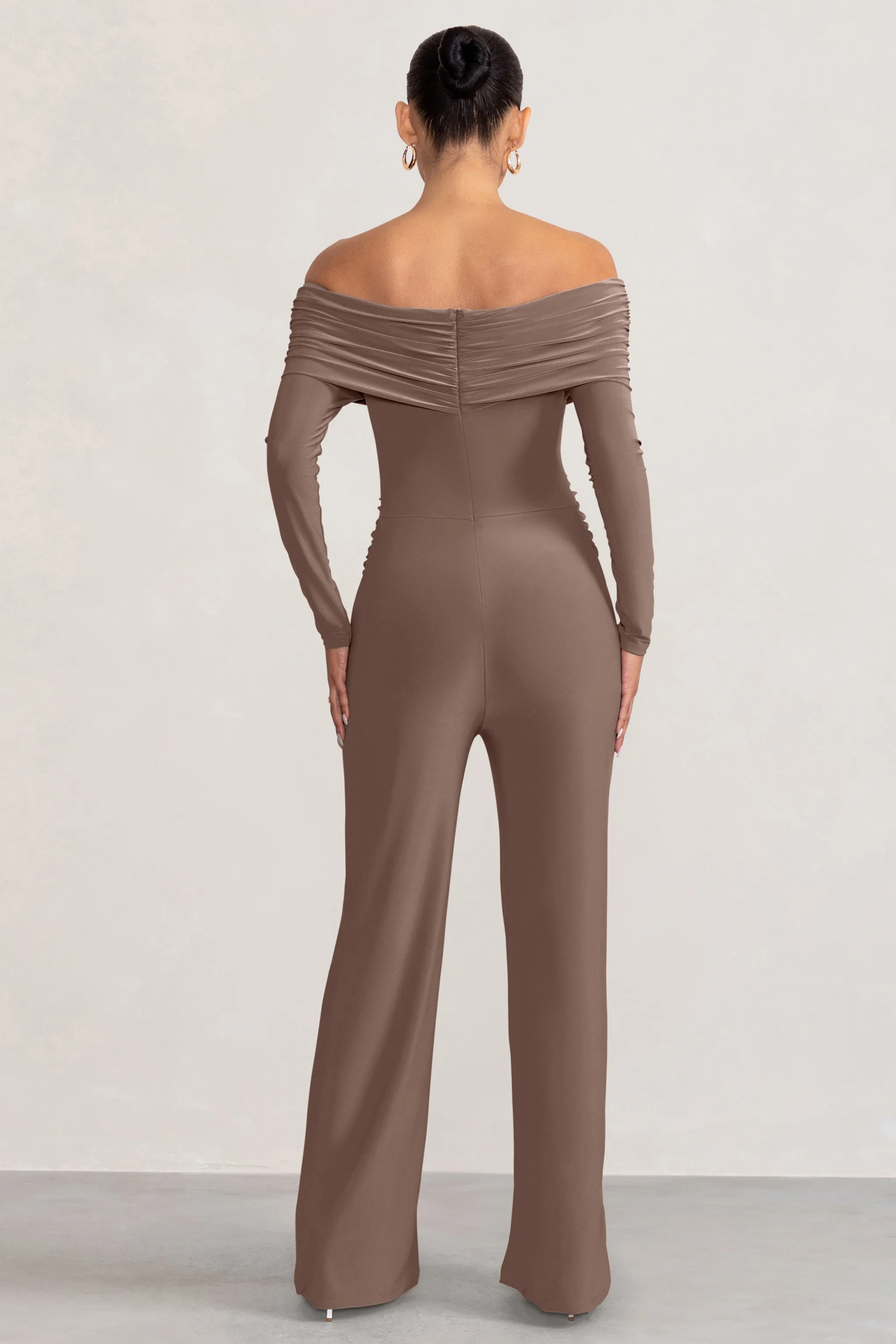 Nuala | Mocha Bardot Maternity Jumpsuit with Long Sleeves sold by Club L London product image thumbnail 2