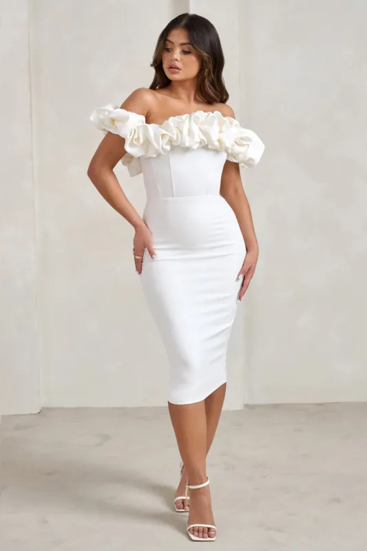 Estie | White Structured Statement Bardot Midi Dress sold by Club L London