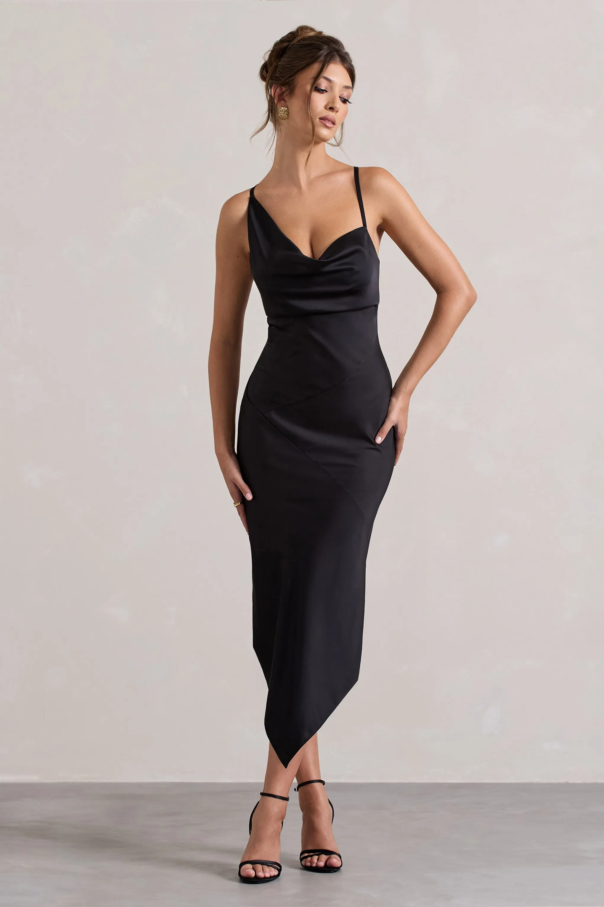 Fillie | Black Satin Asymmetric Cowl-Neck Midi Dress sold by Club L London