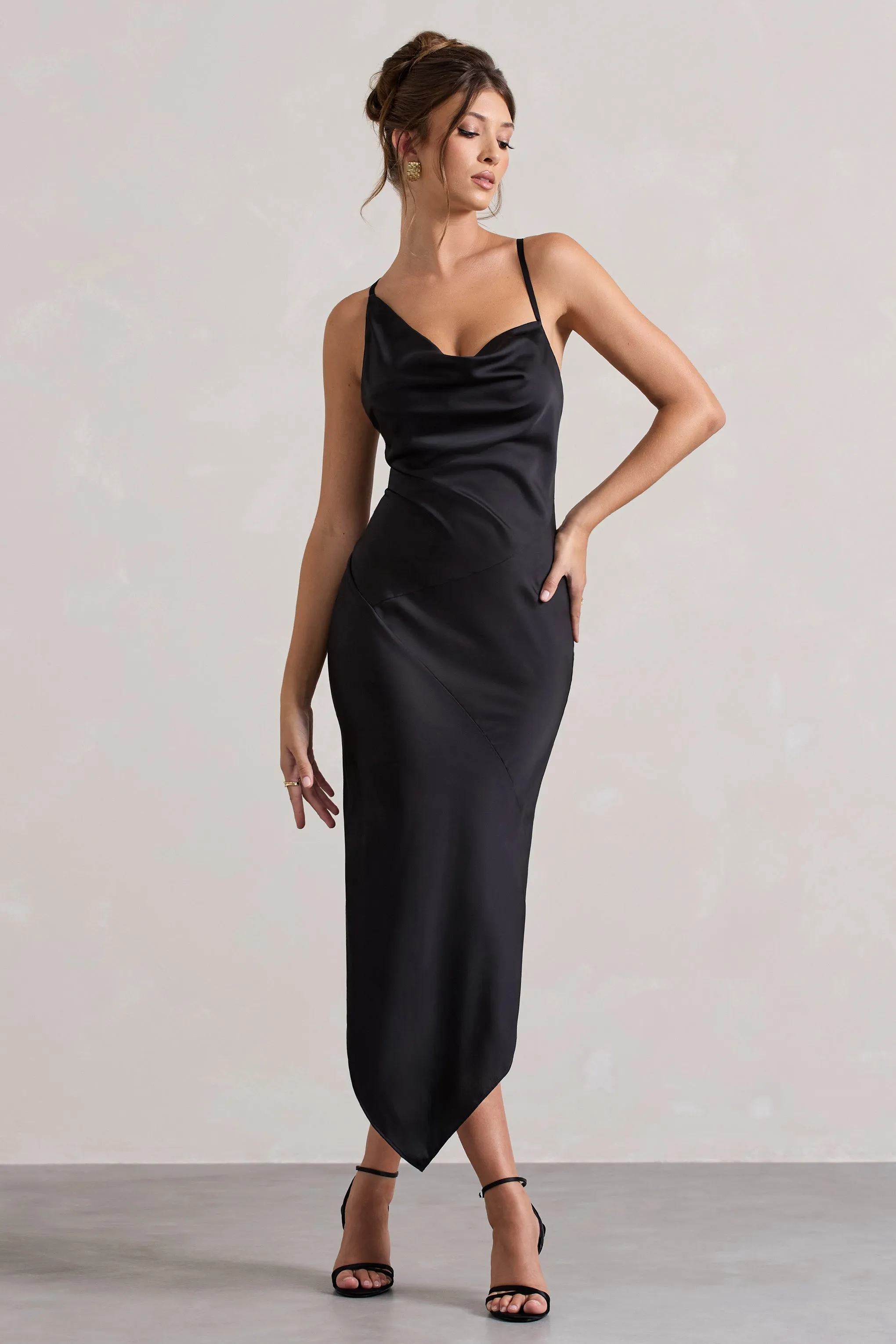 Fillie | Black Satin Asymmetric Cowl-Neck Midi Dress sold by Club L London product image thumbnail 5