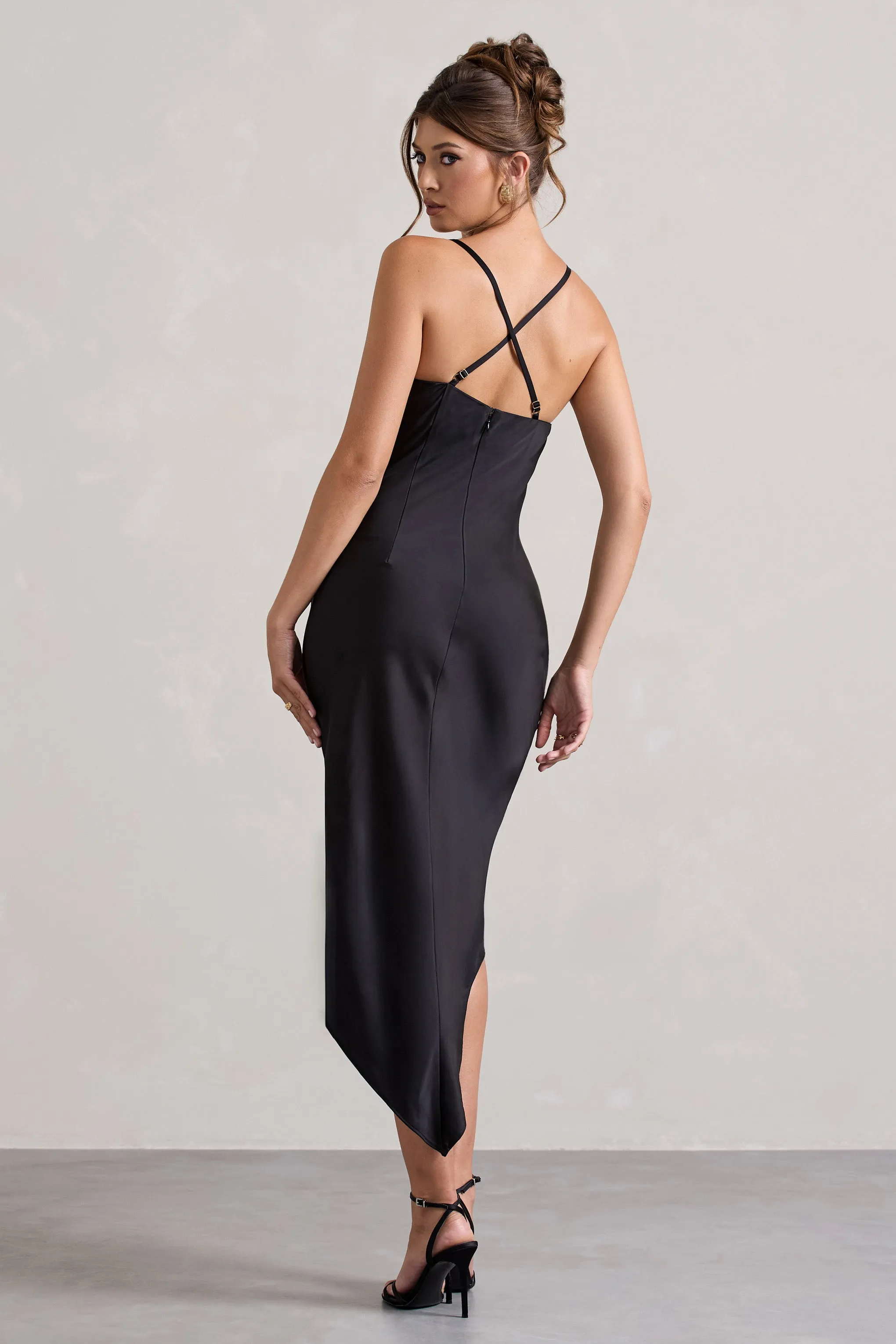Fillie | Black Satin Asymmetric Cowl-Neck Midi Dress sold by Club L London product image thumbnail 2