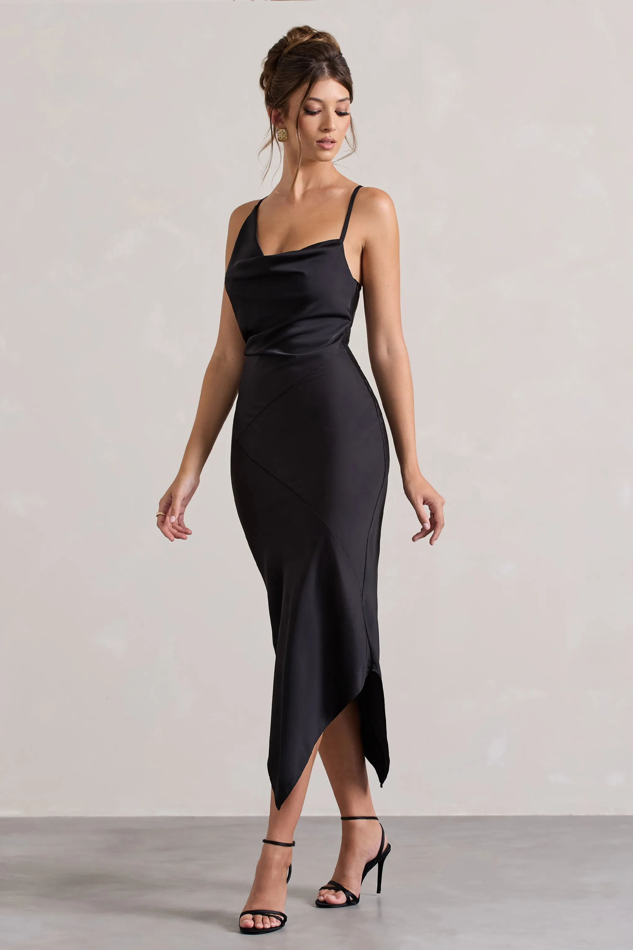 Fillie | Black Satin Asymmetric Cowl-Neck Midi Dress sold by Club L London product image thumbnail 4