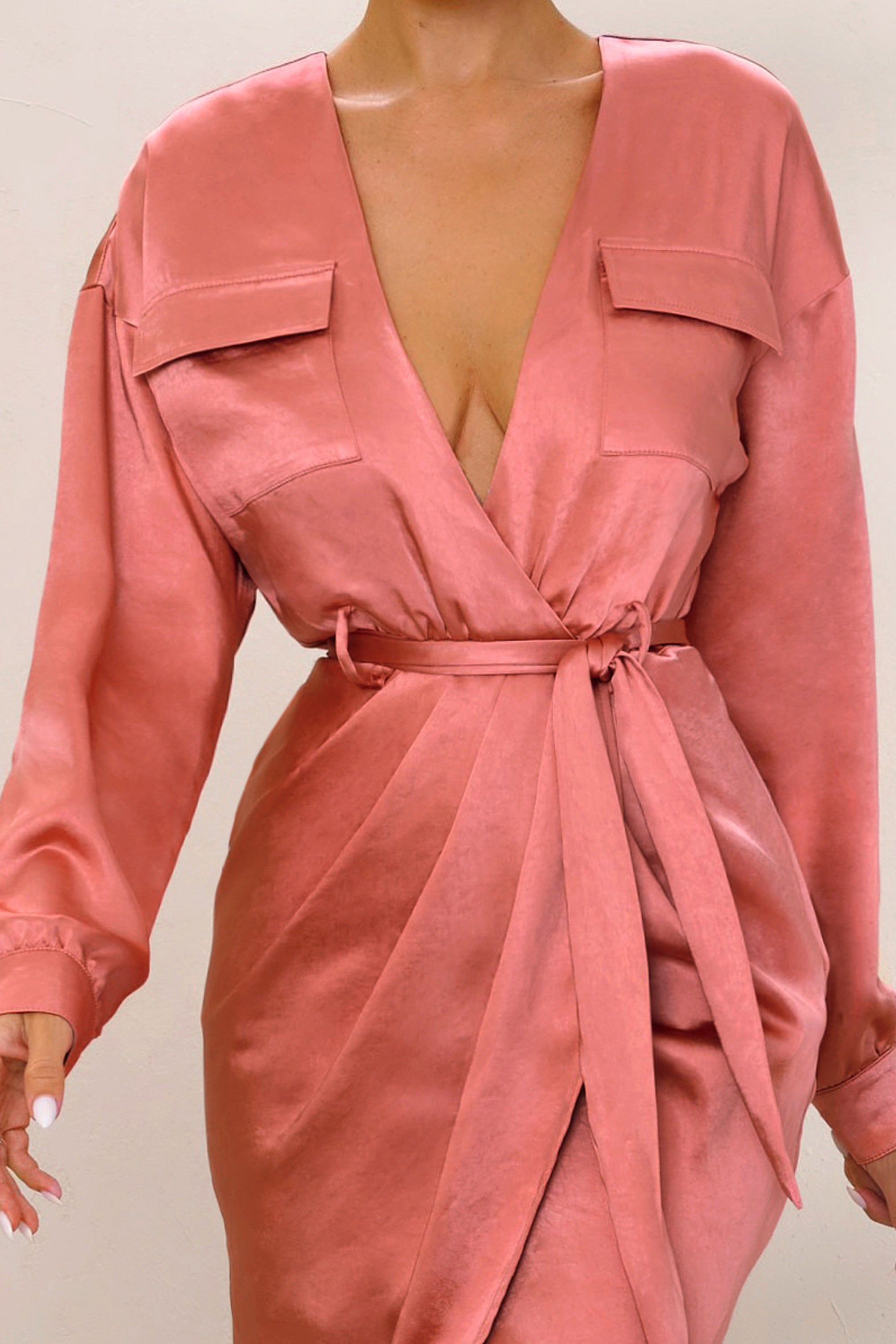 True Romance | Coral Satin Plunge Neck Midi Dress With Belt Detail sold by Club L London product image thumbnail 4