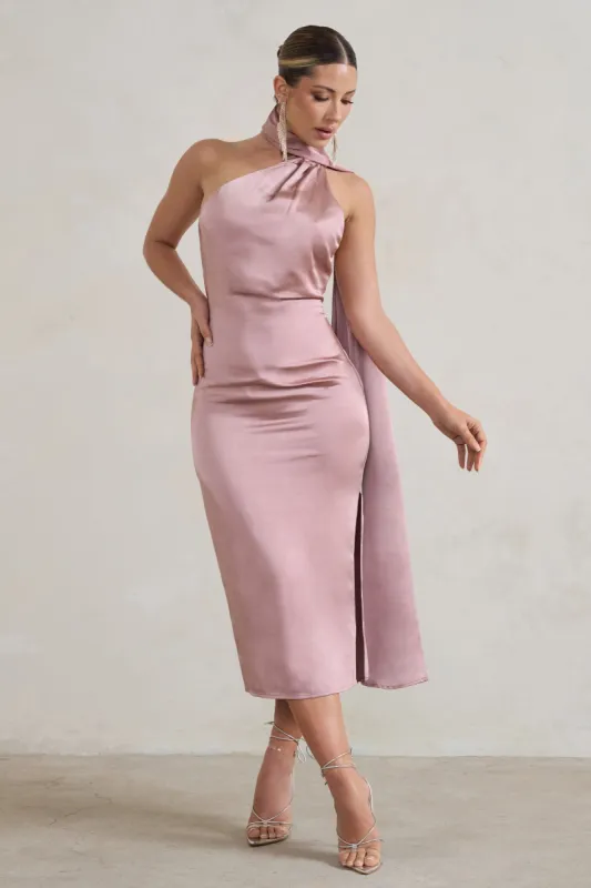 Madame | Blush Pink Satin Asymmetric Scarf Neck Backless Midi Dress sold by Club L London
