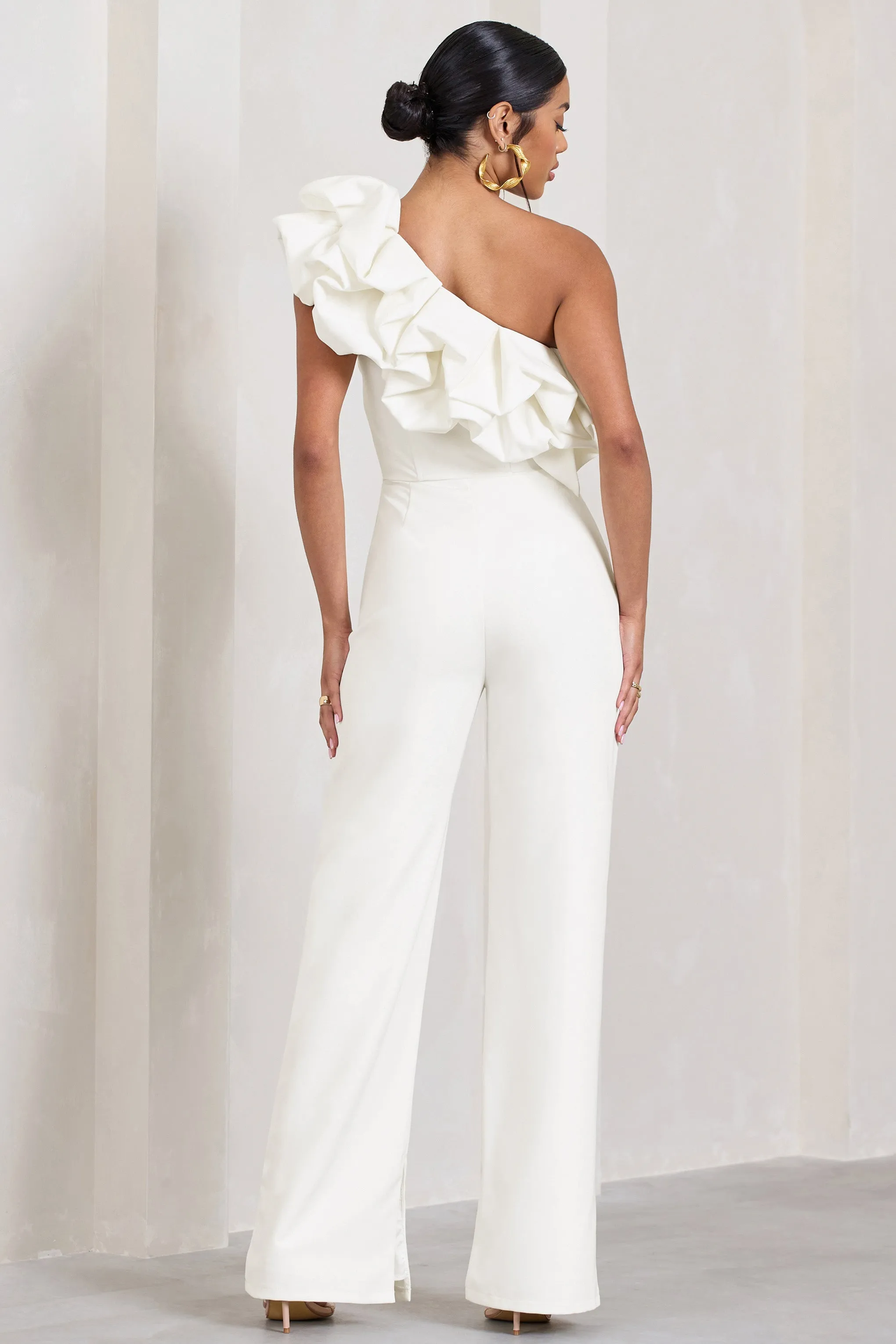 Monica | White Asymmetric Ruffled Wide-Leg Jumpsuit sold by Club L London product image thumbnail 3