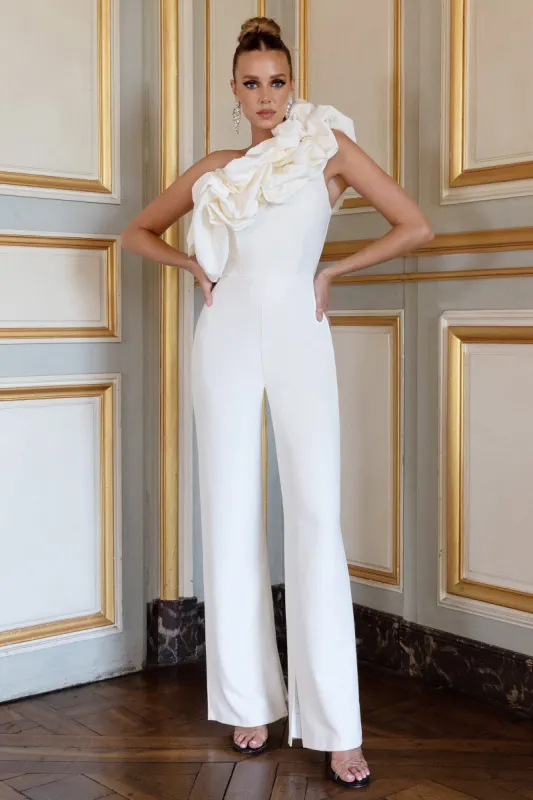 Monica | White Asymmetric Ruffled Wide-Leg Jumpsuit sold by Club L London