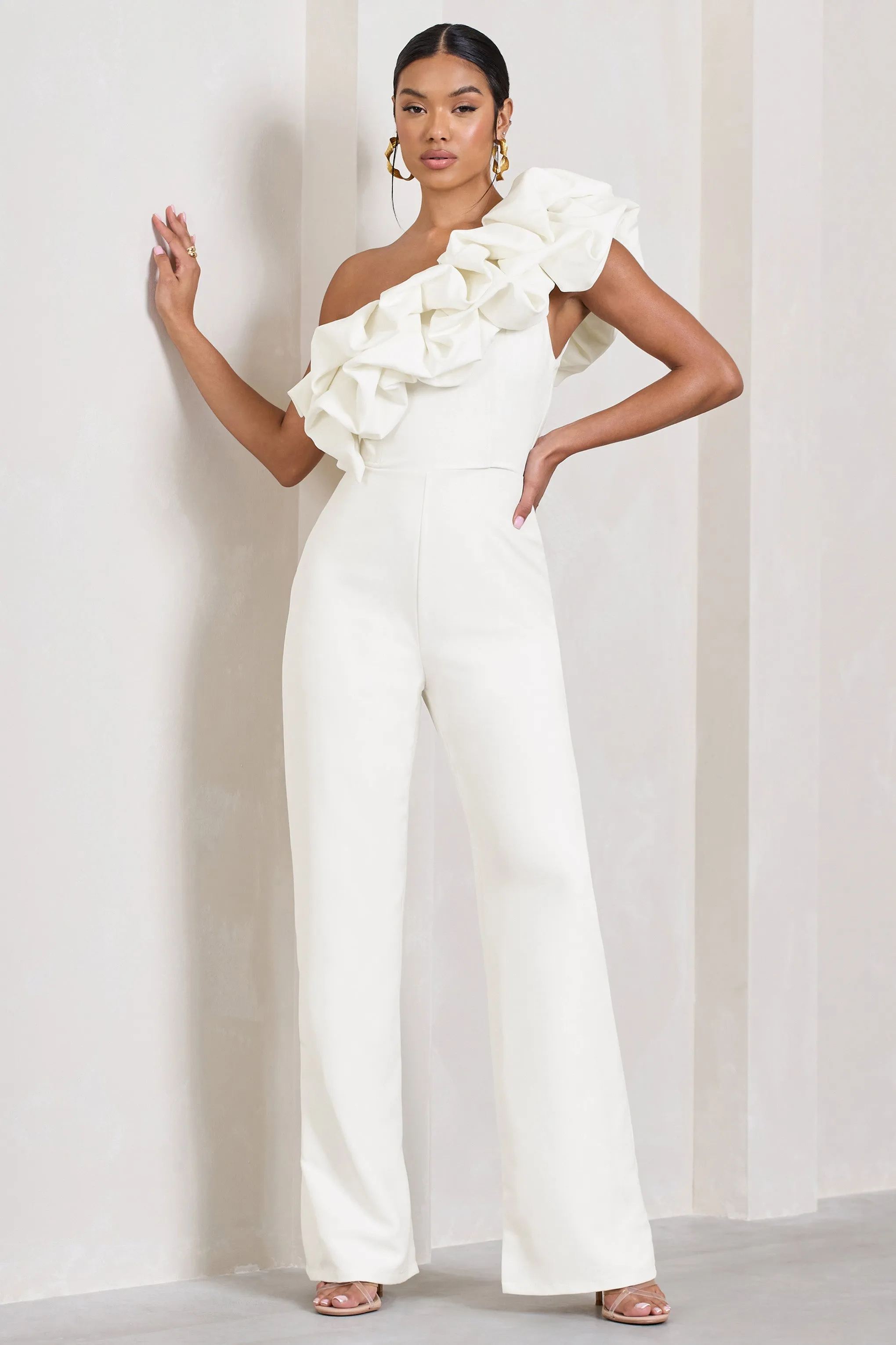 Monica | White Asymmetric Ruffled Wide-Leg Jumpsuit sold by Club L London product image thumbnail 5