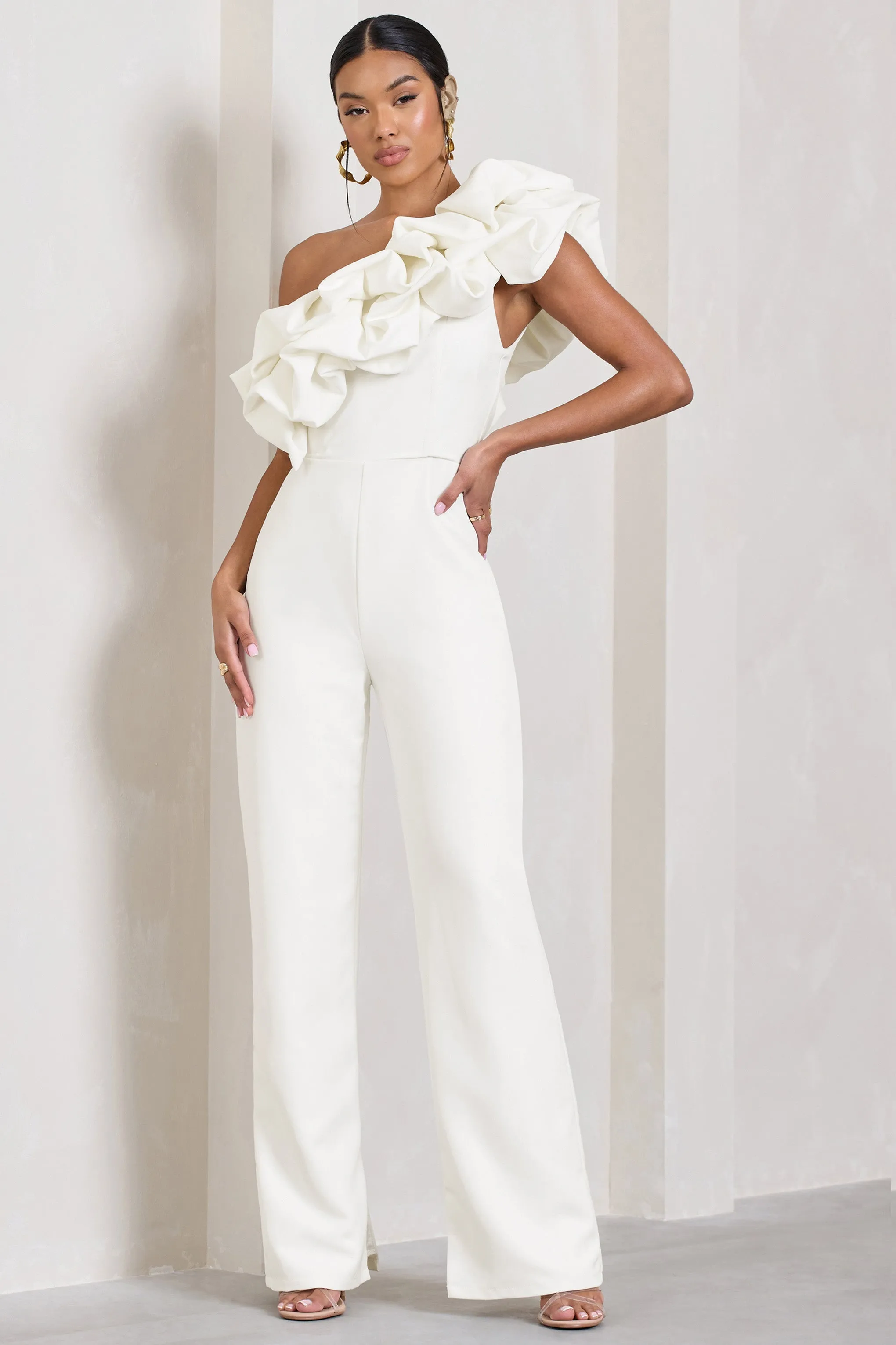 Monica | White Asymmetric Ruffled Wide-Leg Jumpsuit sold by Club L London product image thumbnail 2