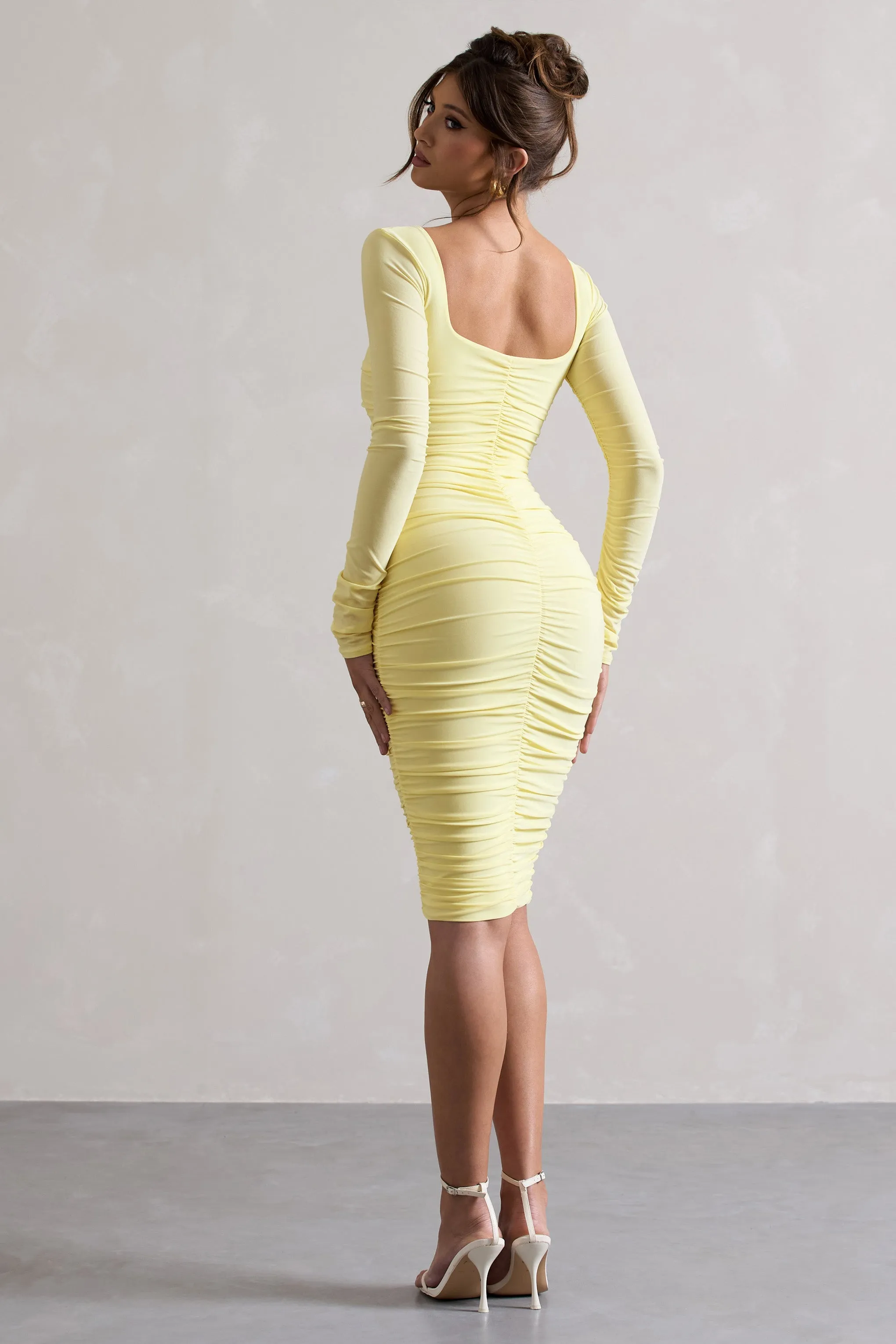 Seductress | Yellow Long Sleeve Square Neck Ruched Midi Dress sold by Club L London product image thumbnail 2