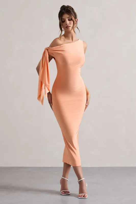 Adapt | Coral Asymmetric Midi Dress With Tie Sleeve sold by Club L London