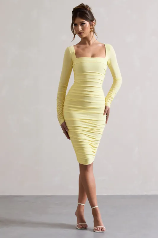 Seductress | Yellow Long Sleeve Square Neck Ruched Midi Dress sold by Club L London
