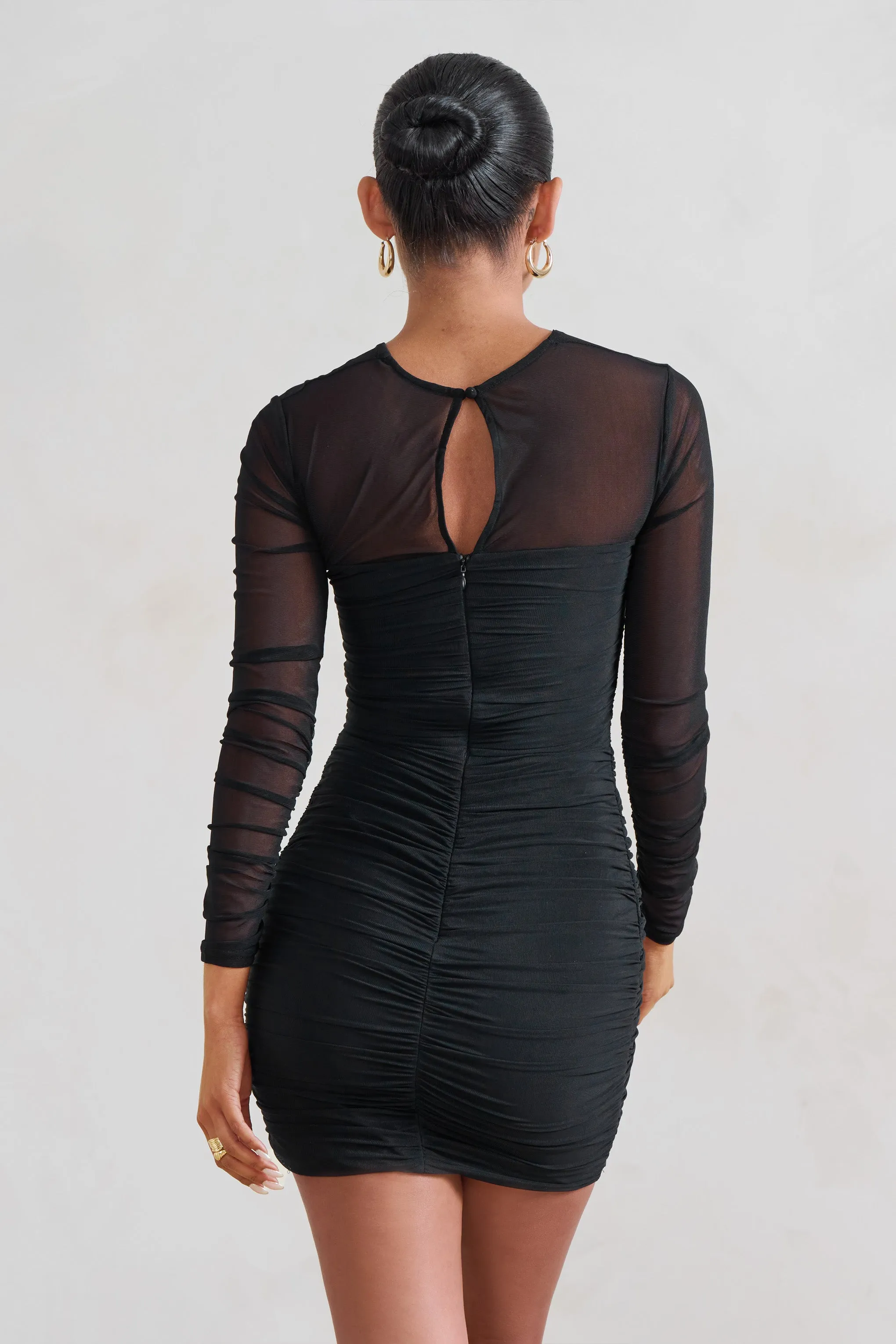 Daiquiri | Black Ruched Cut Out Mesh Mini Dress With Long Sleeves sold by Club L London product image thumbnail 2