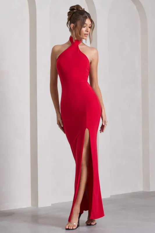 Pamela | Red Halter-Neck Sleeveless Split Maxi Dress sold by Club L London