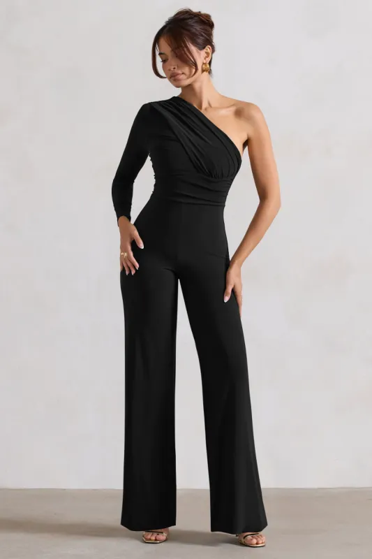 Mila | Black One Shoulder Ruched Wide Leg Jumpsuit sold by Club L London