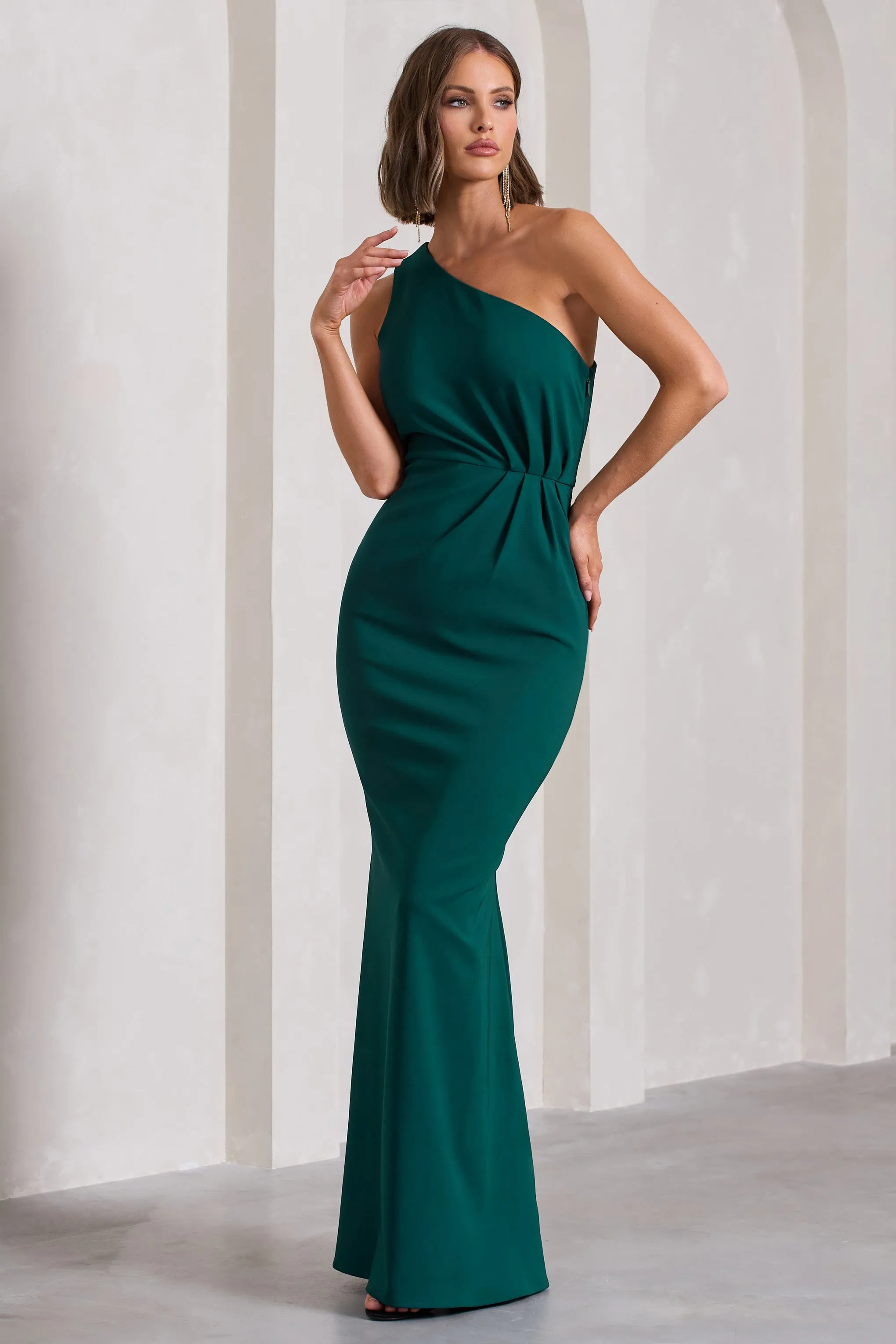 Michelle | Bottle Green One-Shoulder Gathered Maxi Dress sold by Club L London