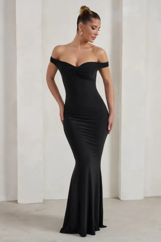 Salma | Black Bardot Sweetheart Fishtail Maxi Dress sold by Club L London