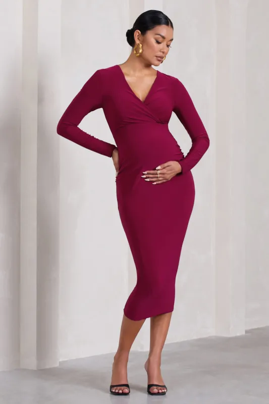 Marcia | Berry Bodycon Plunge-Neck Maternity Midi Dress sold by Club L London