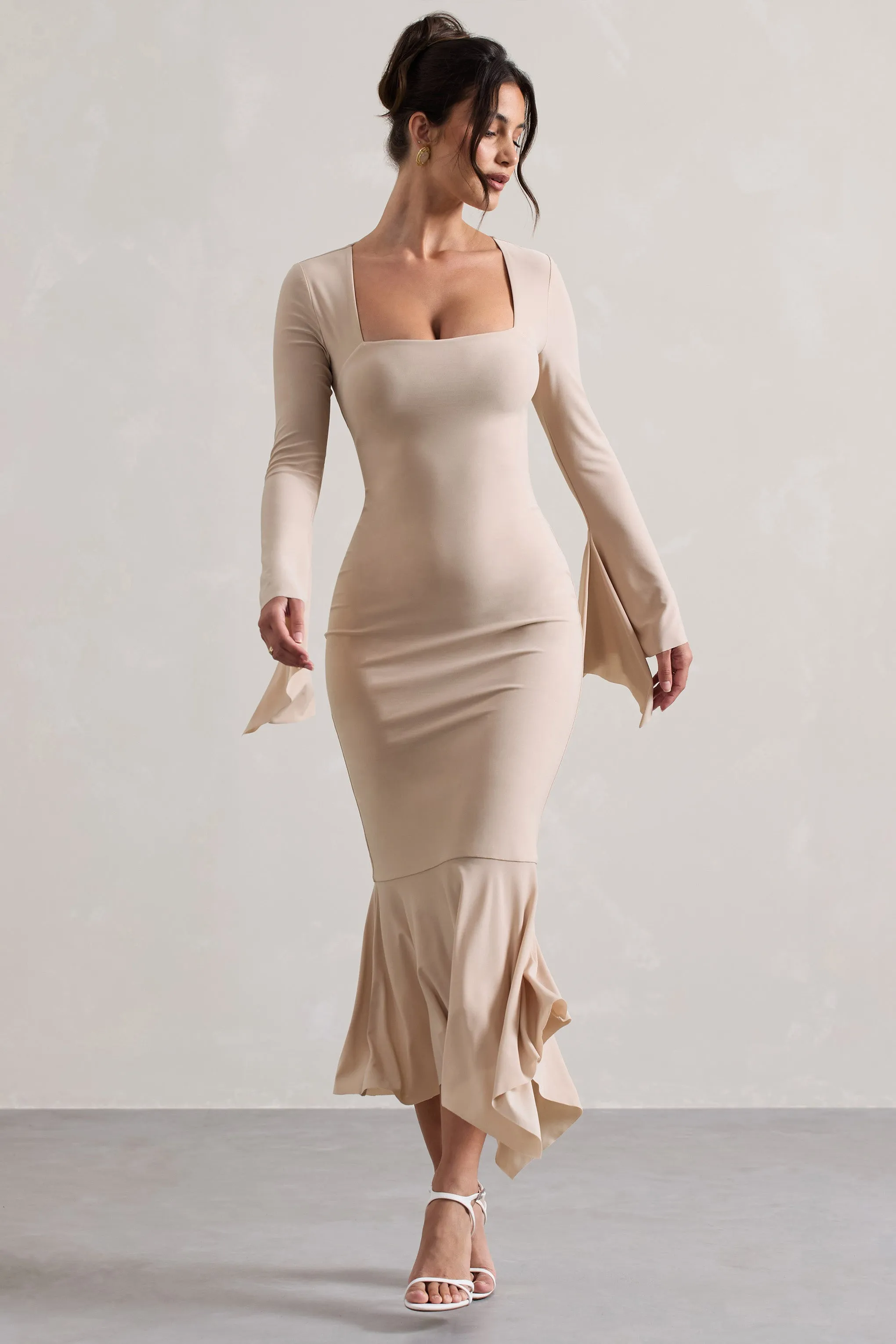 Meliora | Champagne Square-Neck Flute-Sleeve Asymmetric Midi Dress sold by Club L London product image thumbnail 5