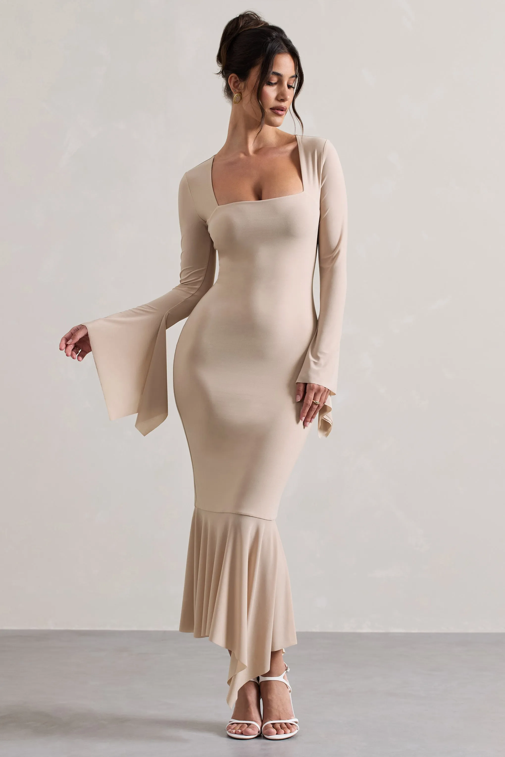 Meliora | Champagne Square-Neck Flute-Sleeve Asymmetric Midi Dress sold by Club L London product image thumbnail 4