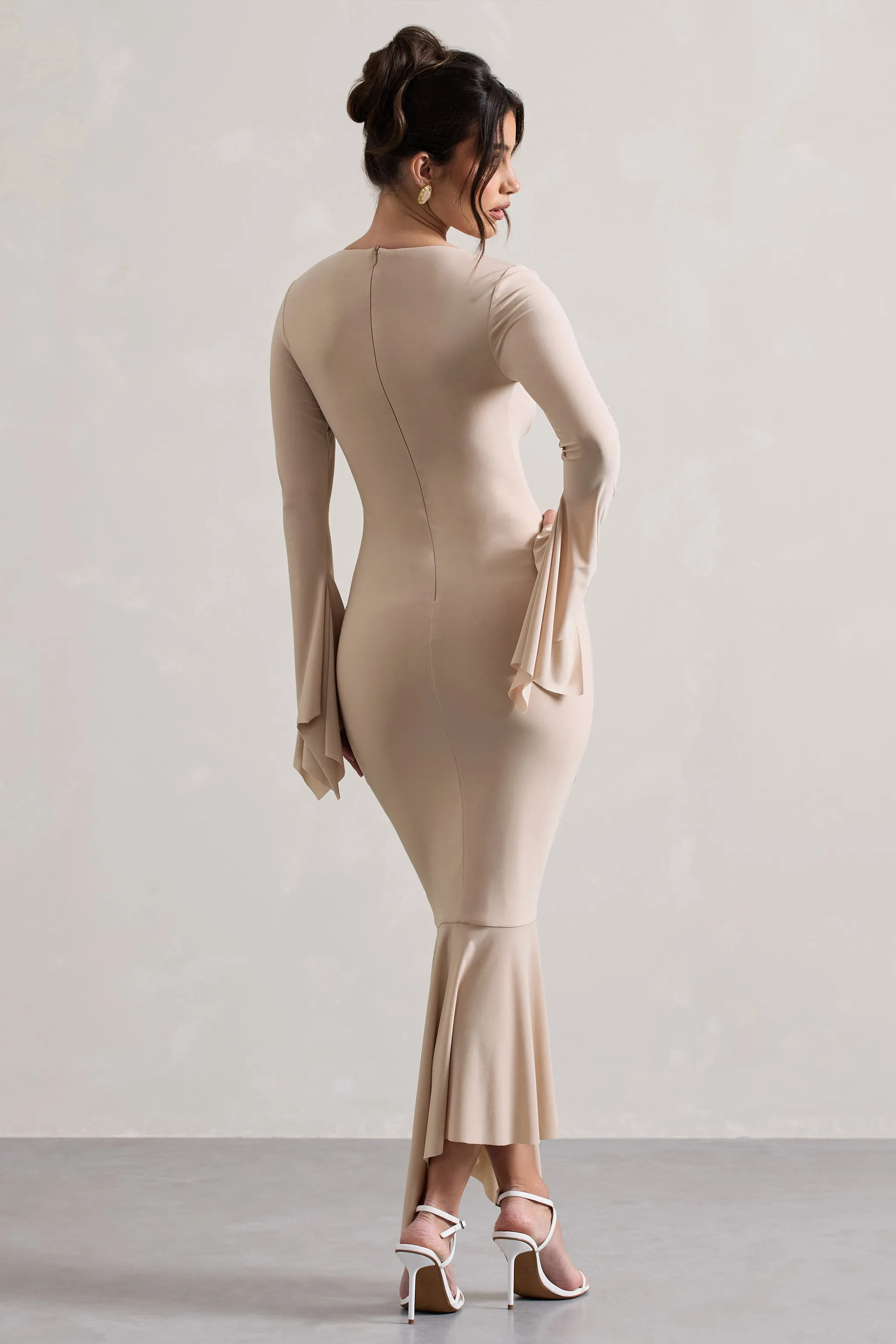 Meliora | Champagne Square-Neck Flute-Sleeve Asymmetric Midi Dress sold by Club L London product image thumbnail 2