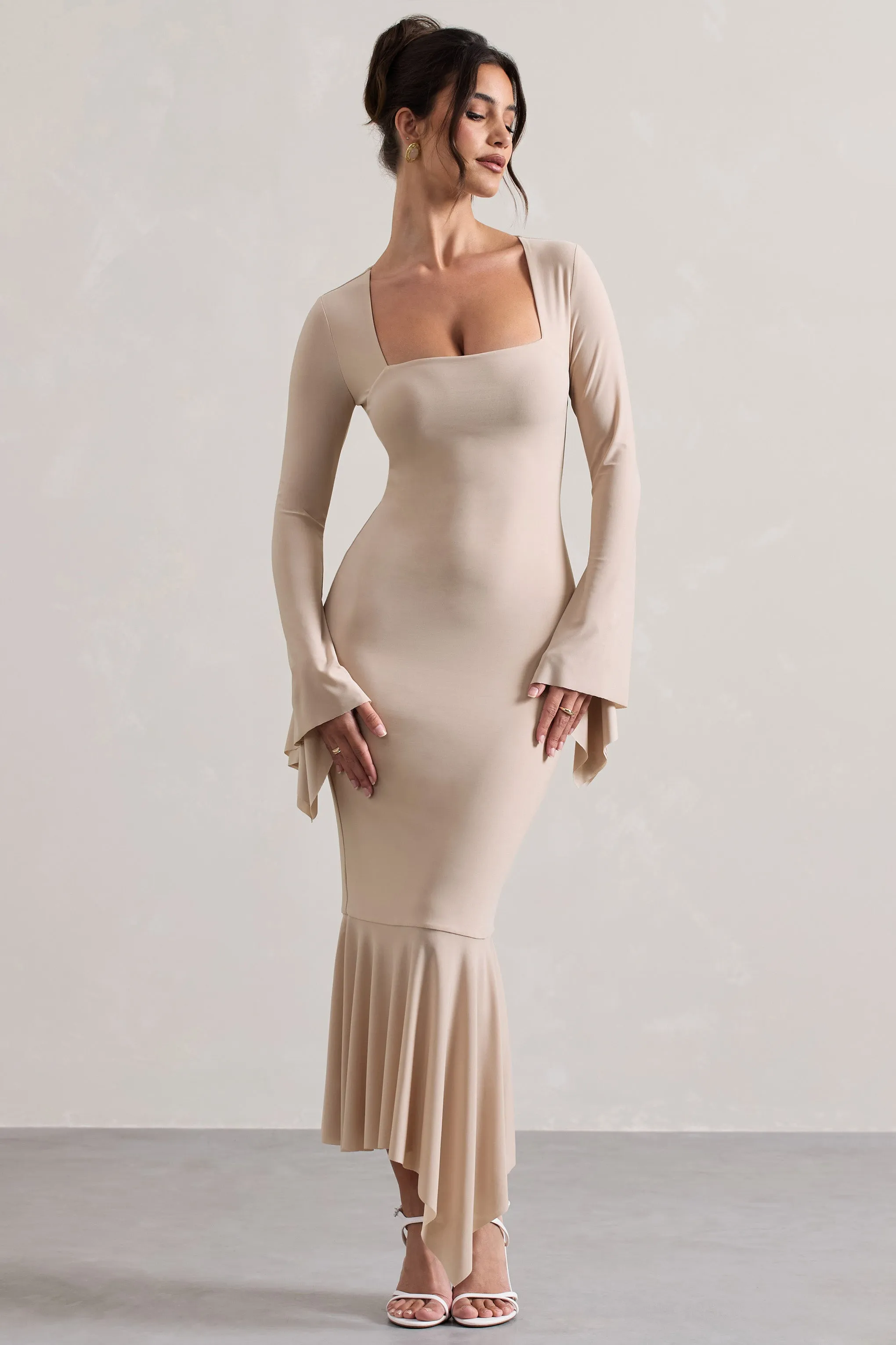 Meliora | Champagne Square-Neck Flute-Sleeve Asymmetric Midi Dress sold by Club L London