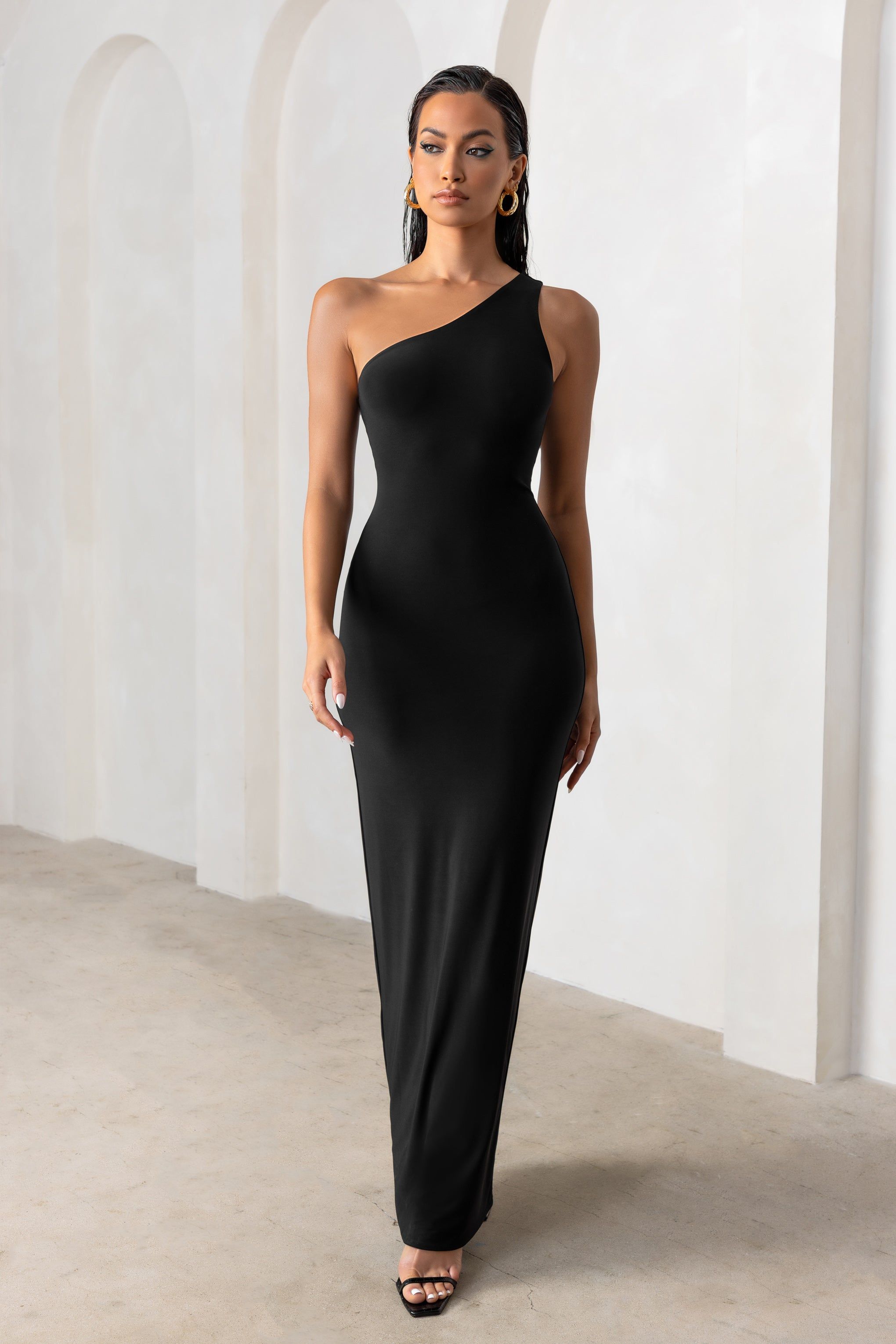 Honey Honey | Black One Shoulder Maxi Dress sold by Club L London