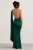 Mademoiselle | Bottle Green Satin Asymmetric Scarf Neck Backless Maxi Dress sold by Club L London