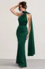 Mademoiselle | Bottle Green Satin Asymmetric Scarf Neck Backless Maxi Dress sold by Club L London