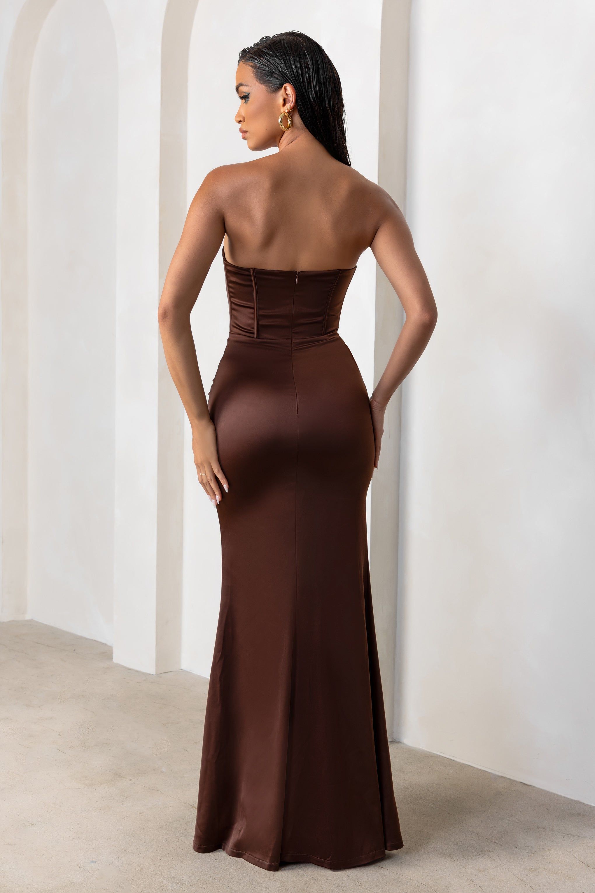 Sensual Notes | Chocolate Brown Satin Strapless Corset Thigh Split Maxi Dress sold by Club L London product image thumbnail 2