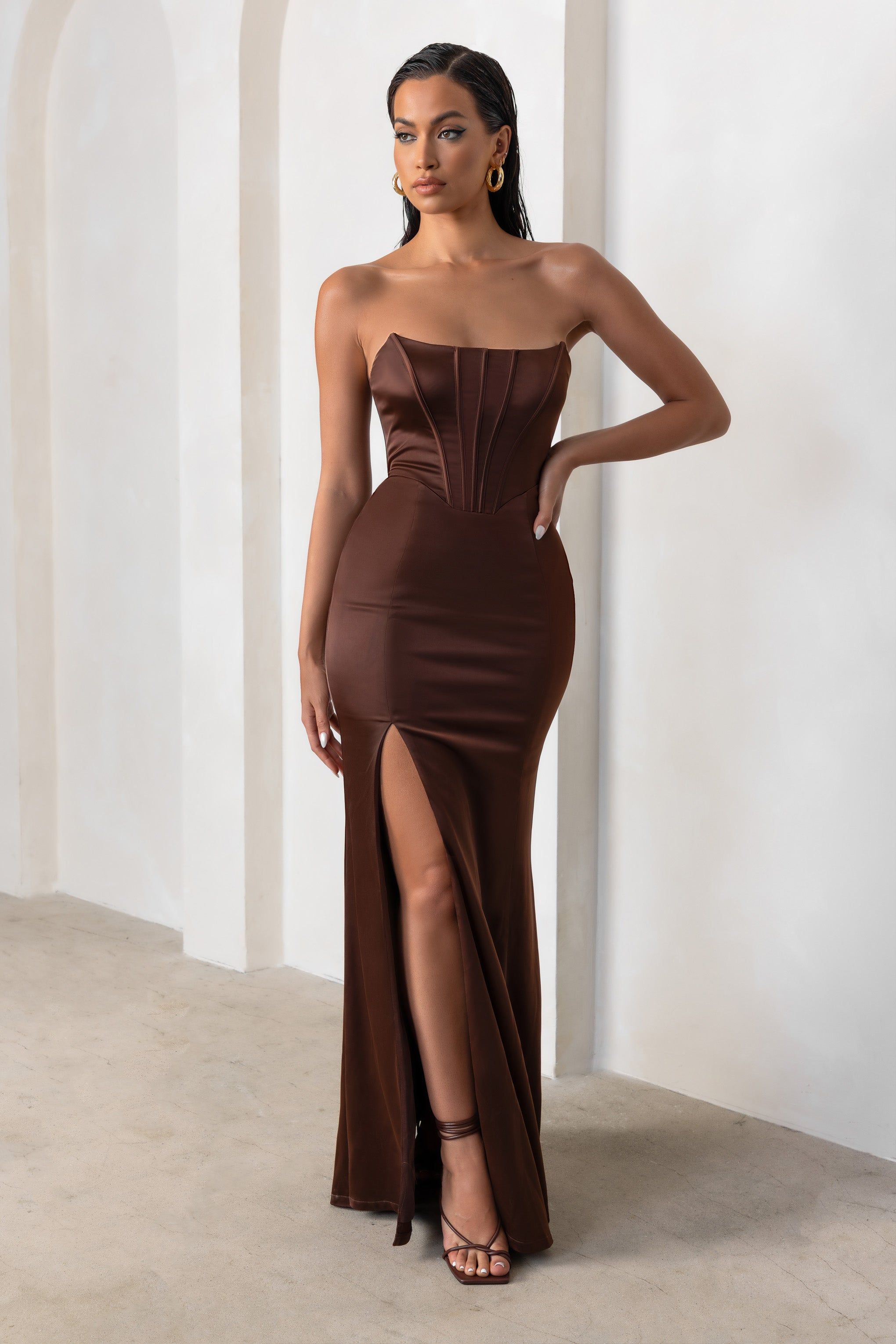 Sensual Notes | Chocolate Brown Satin Strapless Corset Thigh Split Maxi Dress sold by Club L London product image thumbnail 4