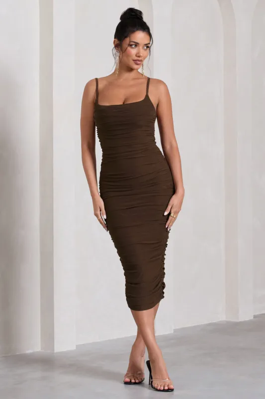 Bree | Chocolate Ruched Mesh Strappy Bodycon Midi Dress sold by Club L London
