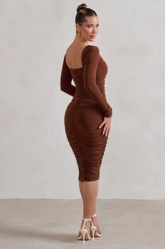 Seductress | Chocolate Long Sleeve Square Neck Ruched Midi Dress sold by Club L London
