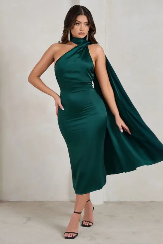 Madame | Bottle Green Satin Asymmetric Scarf Neck Backless Midi Dress sold by Club L London