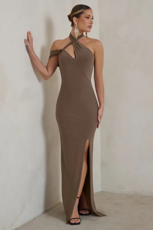 Clementine | Mocha Asymmetric Neckline Maxi Dress With Thigh Split sold by Club L London