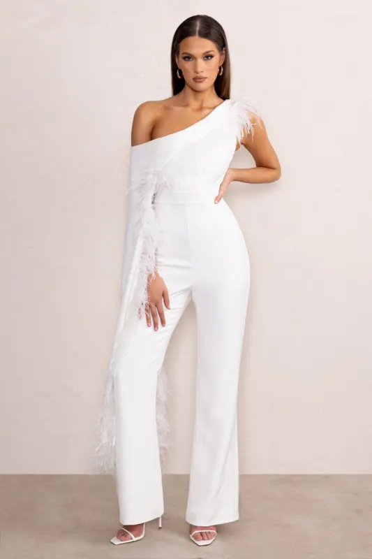 Cindy | White One-Shoulder Cape Jumpsuit with Feather Trim sold by Club L London