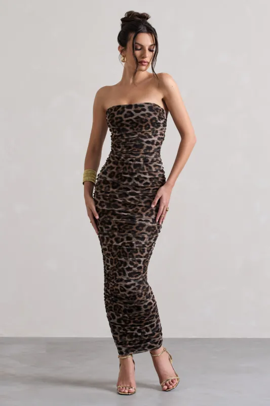 My Lady | Leopard Print Strapless Bodycon Ruched Mesh Midi Dress sold by Club L London