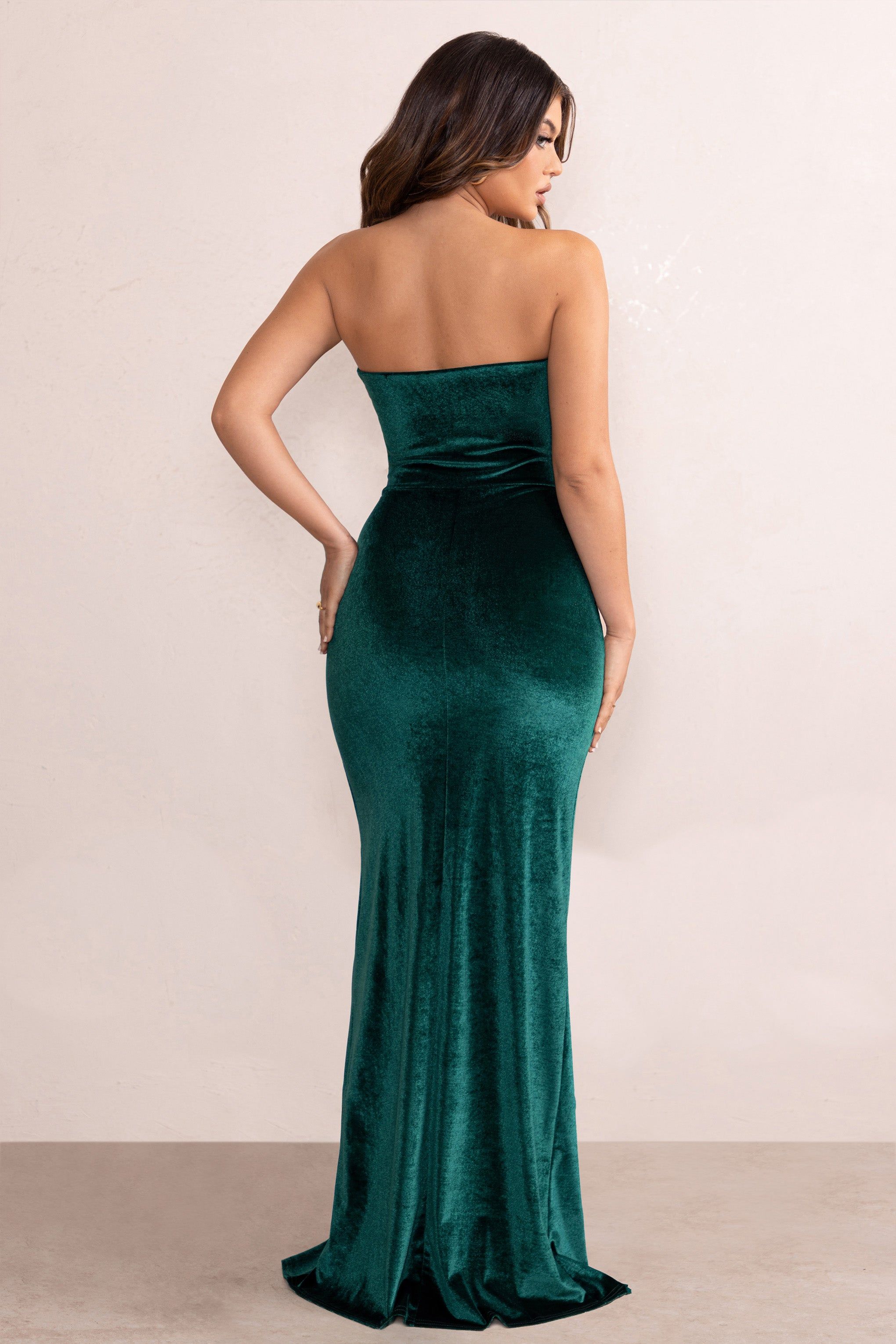 Belle Of The Ball | Bottle Green Velvet Bandeau Maxi Dress With Split Hem sold by Club L London product image thumbnail 2