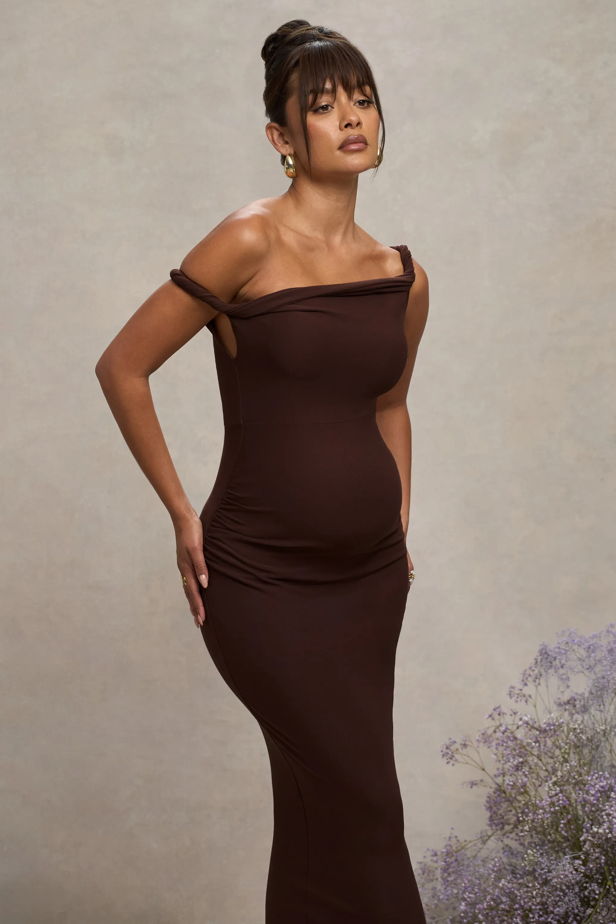 Salome | Chocolate Brown Twisted Asymmetric Maternity Midi Dress sold by Club L London product image thumbnail 3