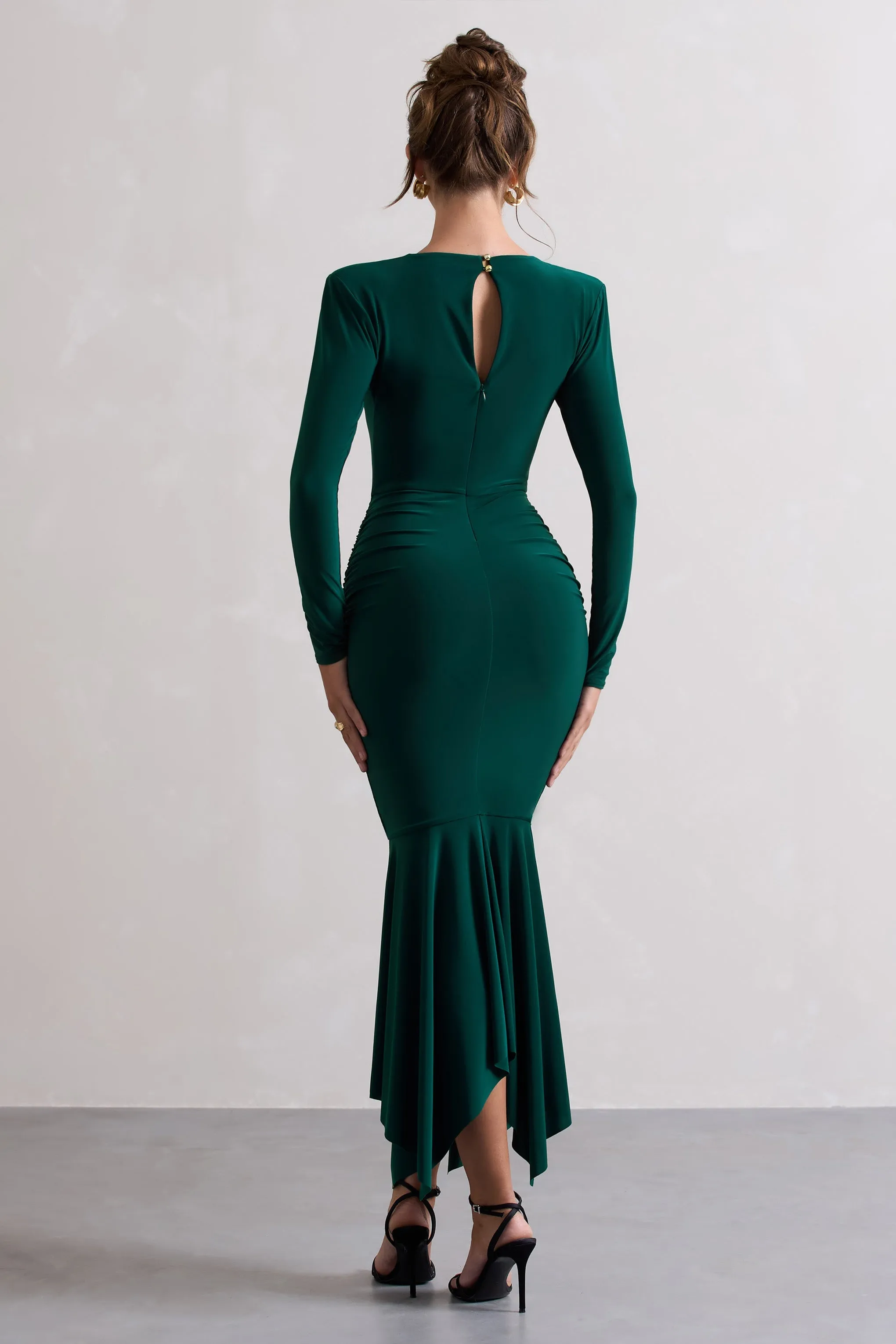 Milena | Bottle Green Plunge-Neck Maxi Dress With Draped Hem sold by Club L London product image thumbnail 2
