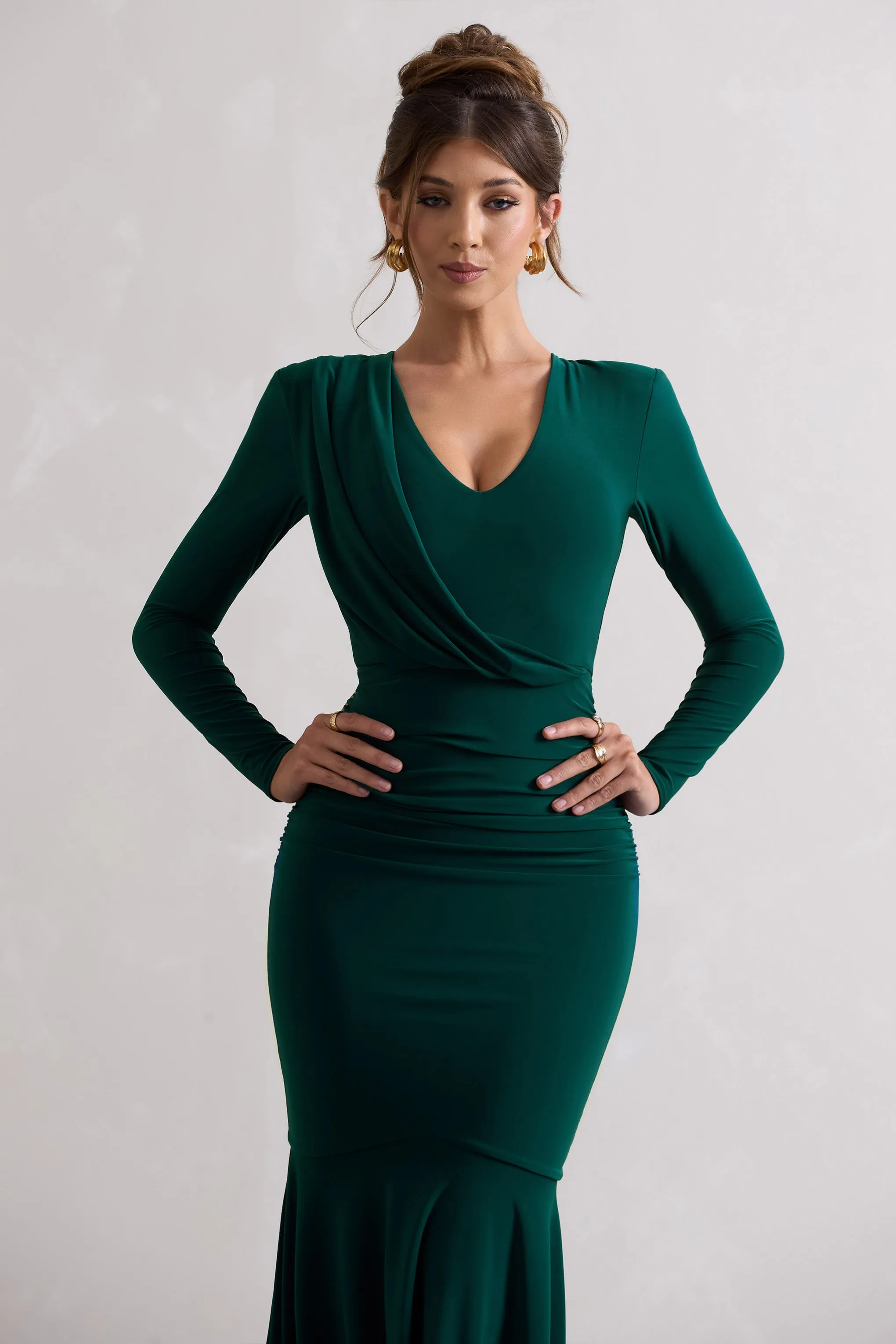 Milena | Bottle Green Plunge-Neck Maxi Dress With Draped Hem sold by Club L London product image thumbnail 4