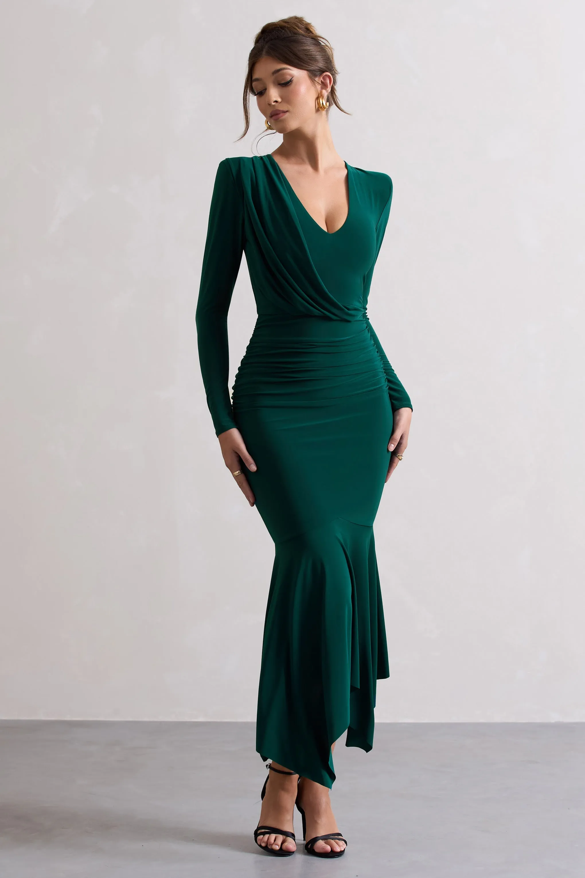 Milena | Bottle Green Plunge-Neck Maxi Dress With Draped Hem sold by Club L London product image thumbnail 3