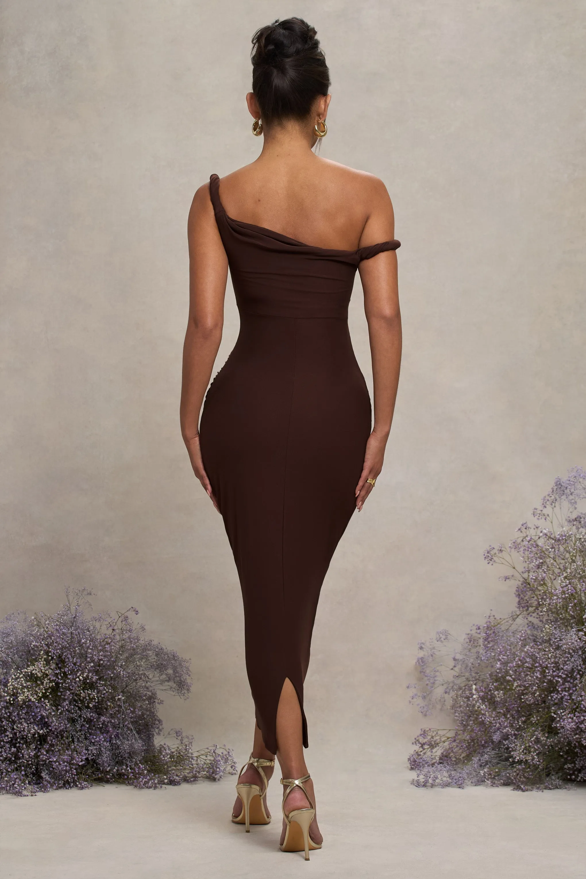 Salome | Chocolate Brown Twisted Asymmetric Maternity Midi Dress sold by Club L London product image thumbnail 2